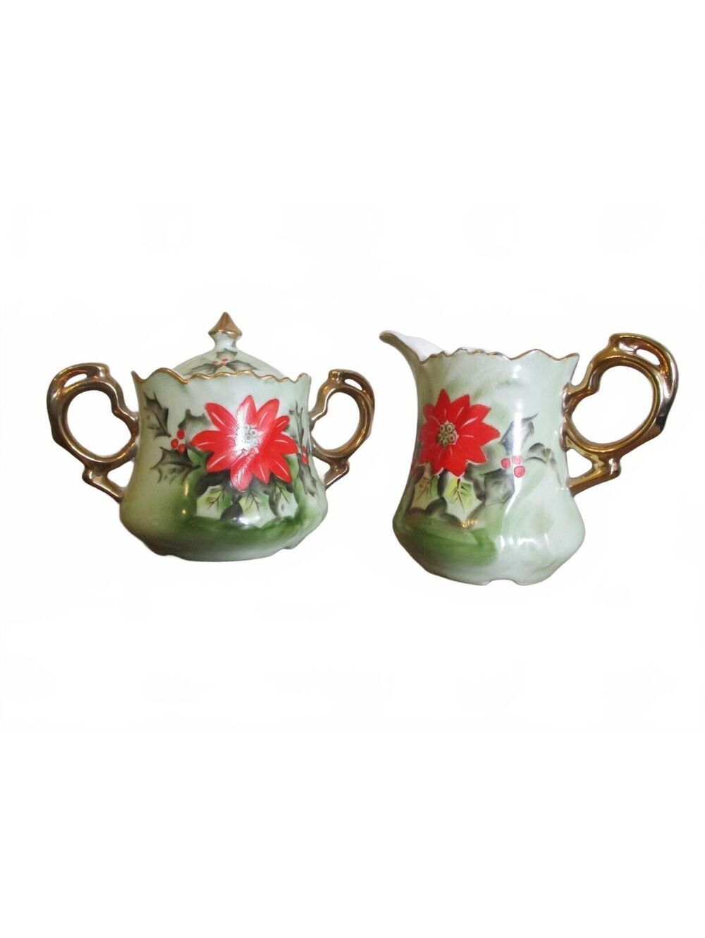 Lefton China Vintage Poinsettia Creamer and Sugar Set 4384 Christmas Holly